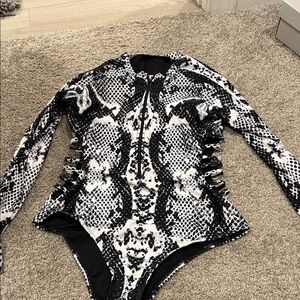 Black and White Snakeskin Long Sleeve Swimsuit